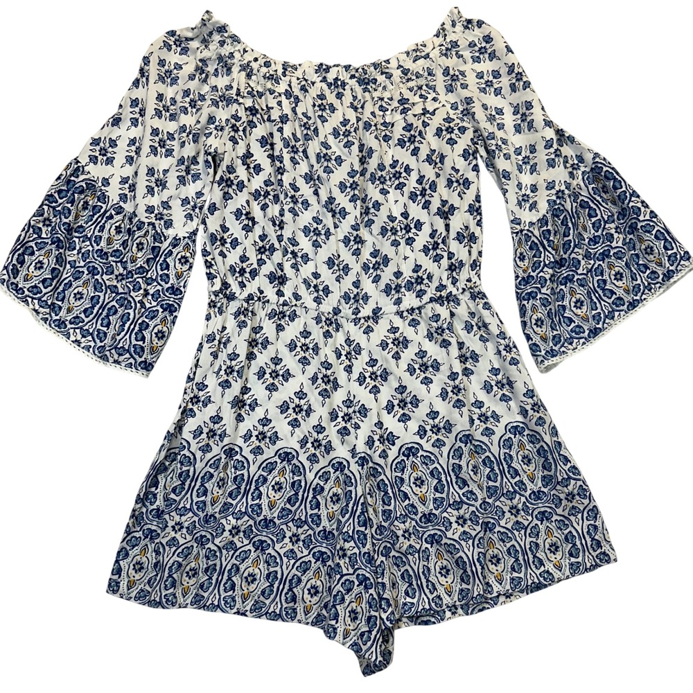 Angie Romper Womens Medium Blue‎ White Boho Festival Medallion Off Shoulder Bell